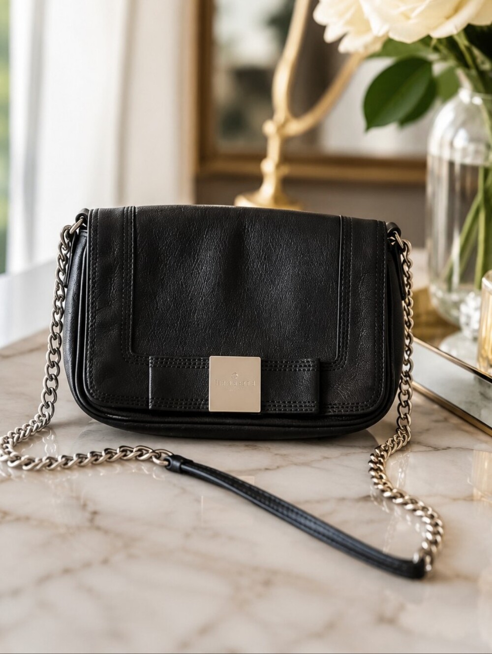 Kate Spade Primrose Hill Kaelin Black Leather Bow Chain Crossbody Bag